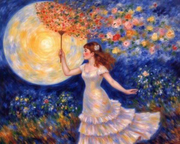Woman in White Dress with Floral Umbrella Under Moon