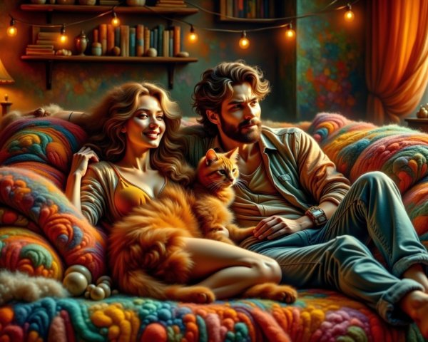 Cozy Room with Colorful Couch and Relaxed Couple