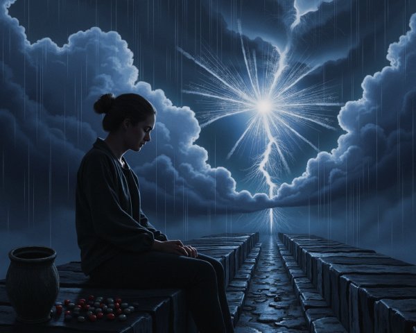 Surreal Scene of Woman on Pathway with Lightning Sky