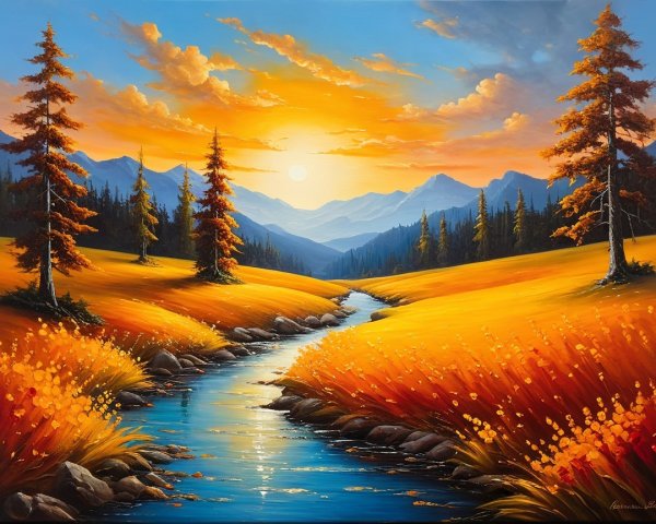 Vibrant Sunset Landscape with River and Mountains