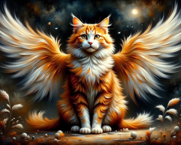 Orange Tabby Cat with Feathery Wings in Starry Scene