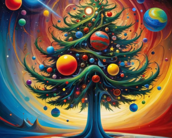 Vibrant Cosmic Christmas Tree Painting with Celestial Ornaments