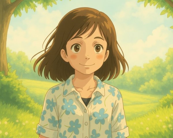 Cheerful Girl in Sunlit Meadow with Lush Greenery