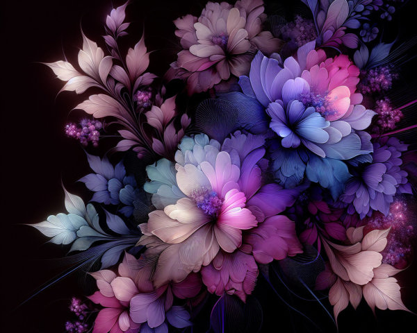 Vibrant Digital Floral Arrangement on Dark Background