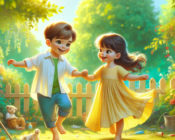 Children Playing in a Sunlit Garden Scene