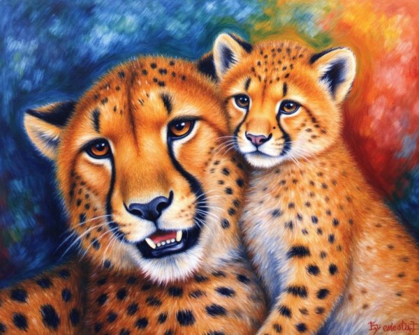 Vibrant Painting of Cheetah and Cub in Warm Colors