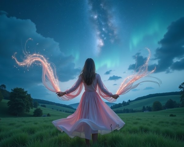 Mystical Meadow Scene with Aurora Borealis Lights