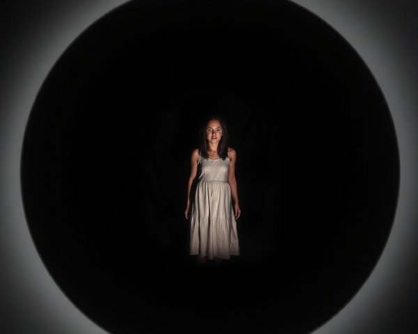 Woman in Light Dress within Dark Circular Frame