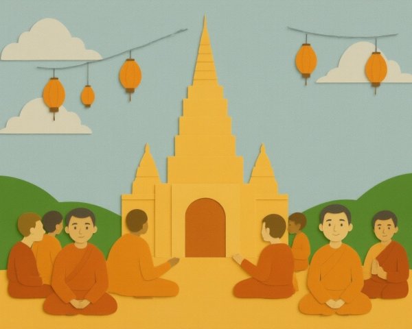 Monks in Orange Robes in a Serene Landscape Illustration