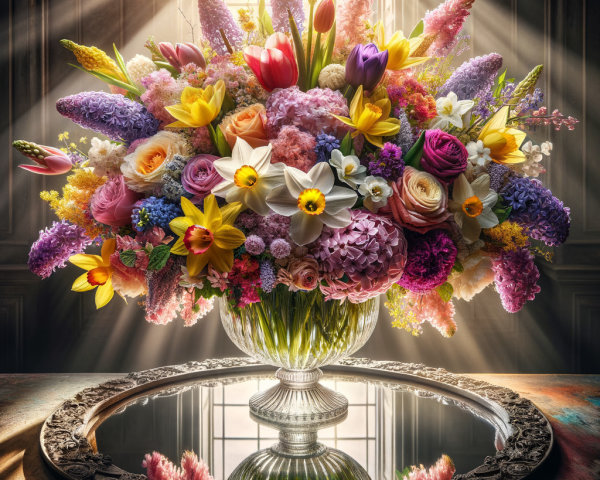 Vibrant Floral Arrangement in Crystal Vase with Sunlight