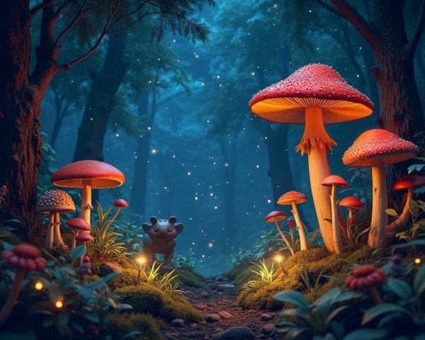 Mystical forest with glowing lights and red mushrooms
