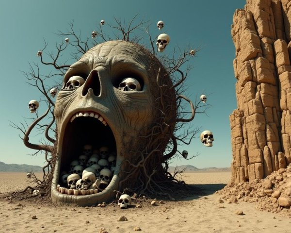Surreal skull in barren landscape with twisted branches