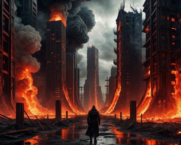 Desolate city engulfed in flames and lava flow