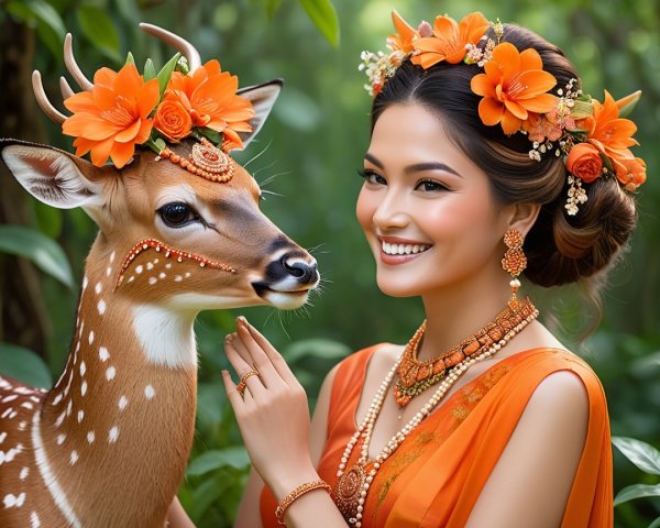 Woman in Orange Dress with Spotted Deer in Nature