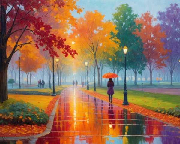 Autumn Park Pathway with Colorful Foliage and Rain