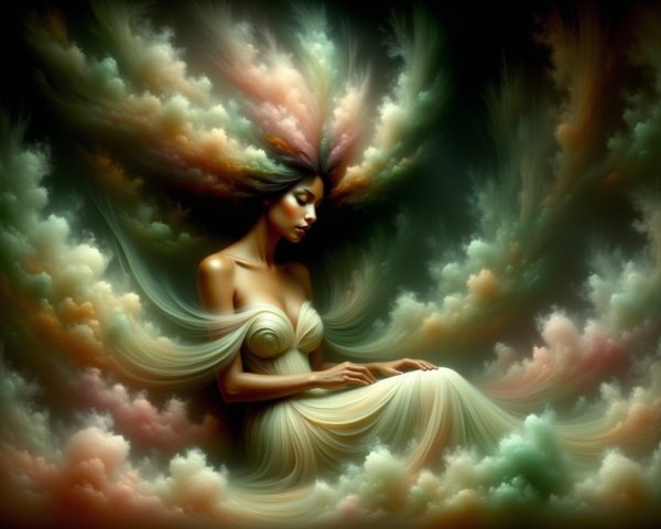 Woman in ethereal clouds with pastel hues