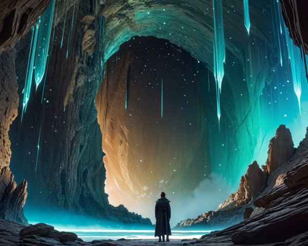 Ethereal Cave with Glowing Icicles and Starlit Sky