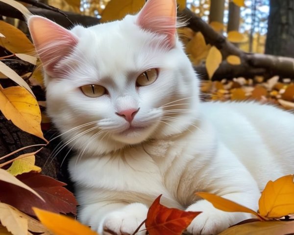White Cat Among Vibrant Autumn Leaves in Forest