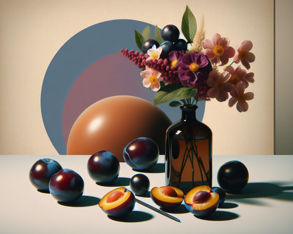 Still Life with Flowers, Plums, and Abstract Background