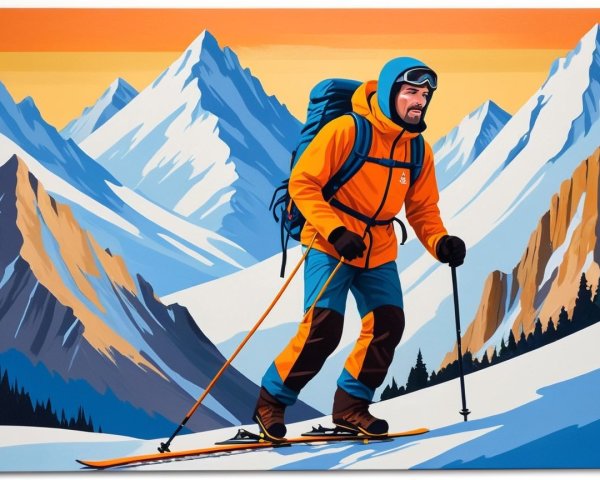 Skier in Orange Jacket on Snowy Mountain Landscape