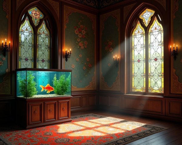 Vintage Room with Aquarium and Stained Glass Windows