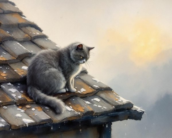 Fluffy Gray Cat on Rooftop in Winter Sunrise Scene