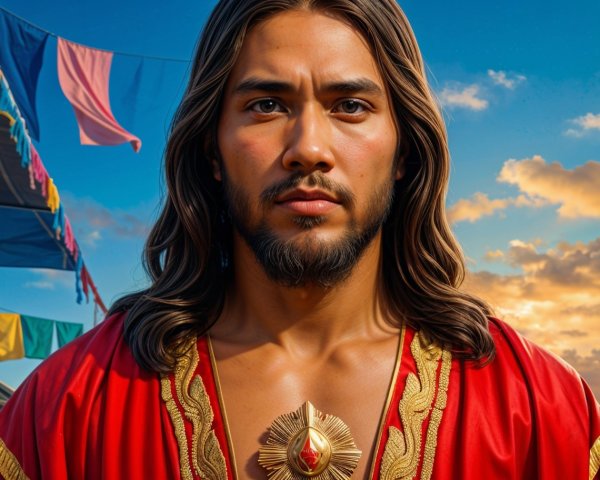 Young man in red robe against vibrant sky backdrop