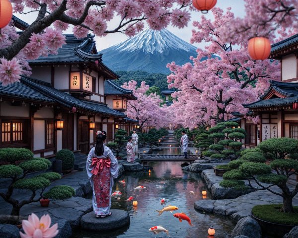 Japanese Landscape with Cherry Blossoms and Mount Fuji