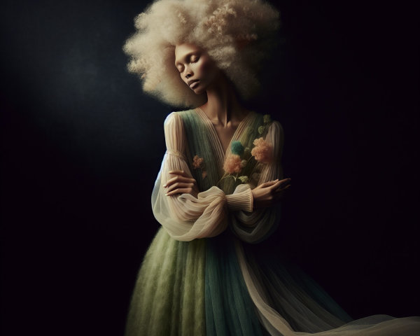 Serene Figure in Multicolored Flowing Gown with Afro