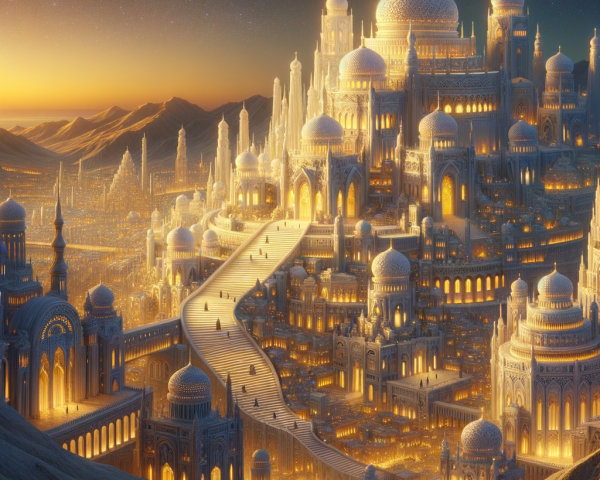 Golden Cityscape in Desert at Dusk with Starlit Sky