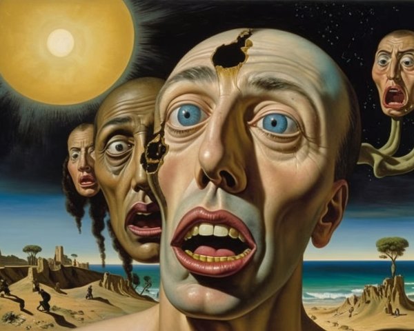 Surreal Landscape with Distressed Faces and Bright Sun
