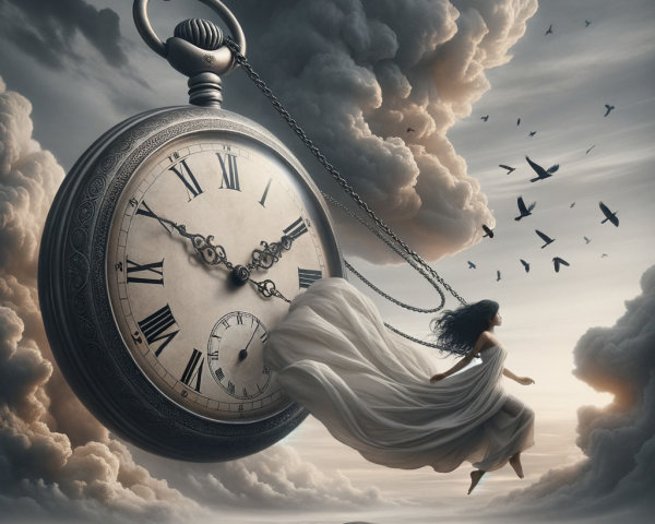Surreal Scene of Pocket Watch and Woman in Sky