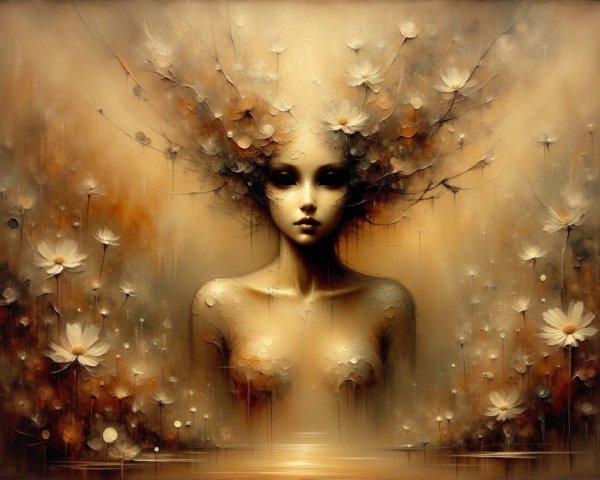 Ethereal Woman with Floral Hair in Dreamlike Setting