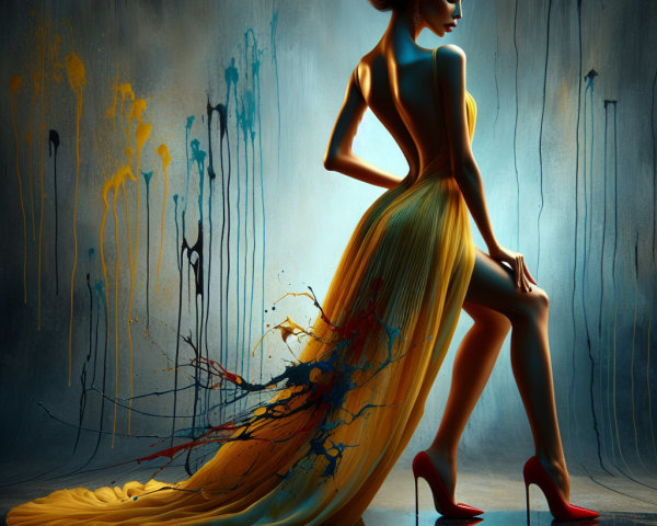 Elegant Figure in Vibrant Yellow Gown with Artistic Background