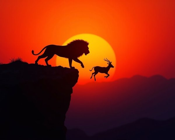 Dramatic Sunset with Lion and Antelope in Wilderness
