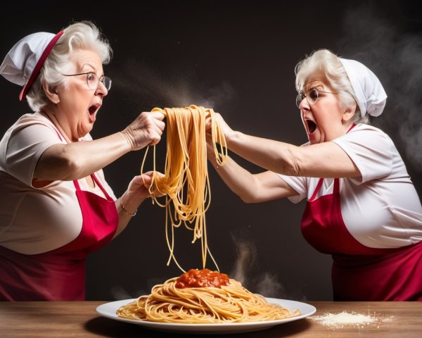 Elderly Women Compete Over Spaghetti Platter Scene