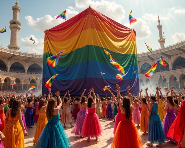 Colorful Celebration Under Rainbow Flag in Grand Plaza