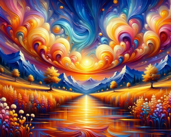 Vibrant Sunset Landscape with Mountains and River