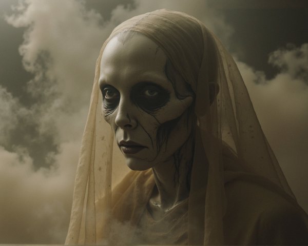 Haunting Portrait of a Veiled Figure with Dark Makeup