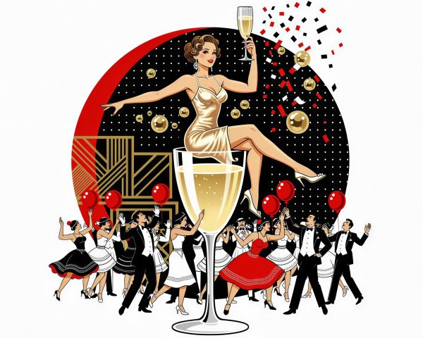 Art Deco Illustration of Glamorous Woman in Champagne Glass