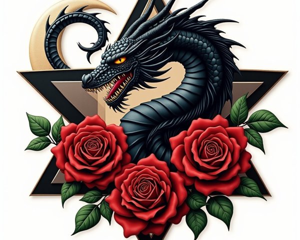 Black Dragon with Golden Eyes and Geometric Star Design