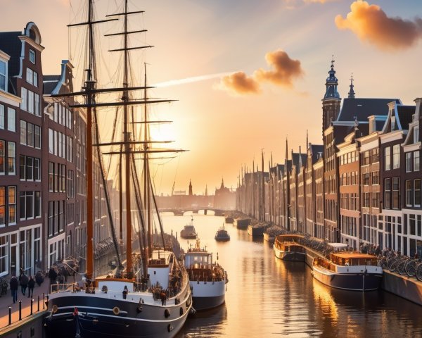 Canal in Amsterdam at Sunset with Historic Buildings