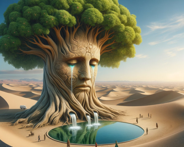 Colossal Tree with Face in a Desert Landscape