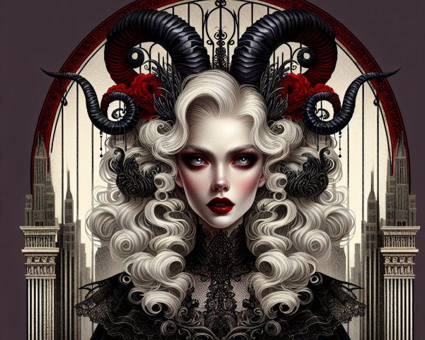 Elegant figure with silver hair in gothic cityscape
