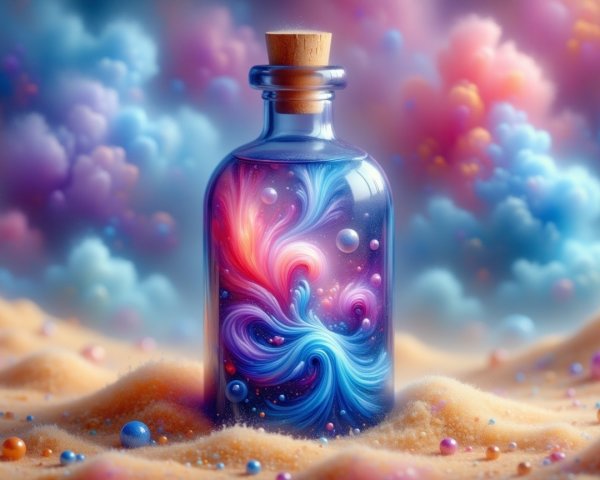 Colorful Glass Bottle on Sandy Surface with Cosmic Effect