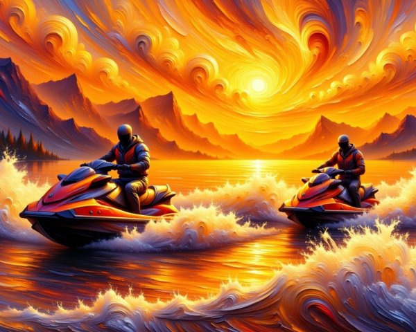 Riders on Jet Skis Amidst a Vibrant Sunset Scene