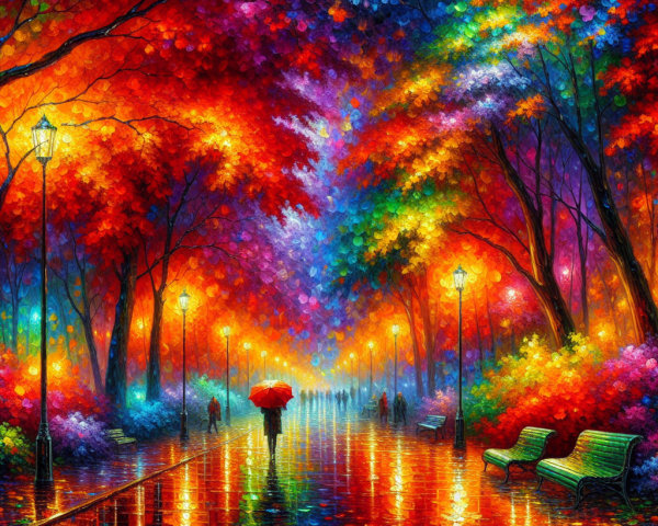 Autumn Park Scene with Colorful Foliage and Umbrella