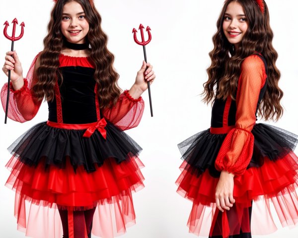 Young girl in playful devil costume for Halloween