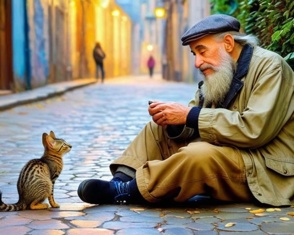 Elderly Man with Cat in Charming Cobblestone Alley