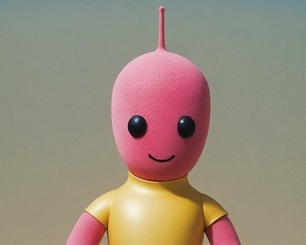 Whimsical Figure with Pink Head and Yellow Shirt